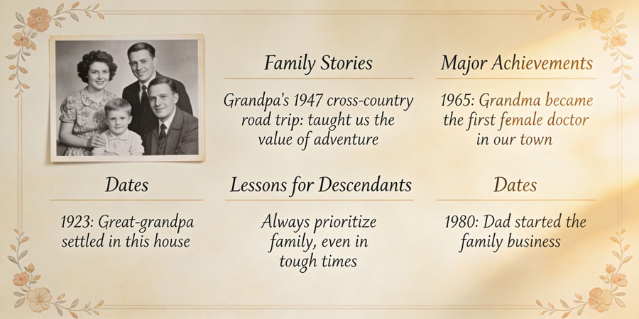 A heartfelt family moment where grandparents share old photographs and memories with their grandchild, preserving family legacy and emotional connections across generations.