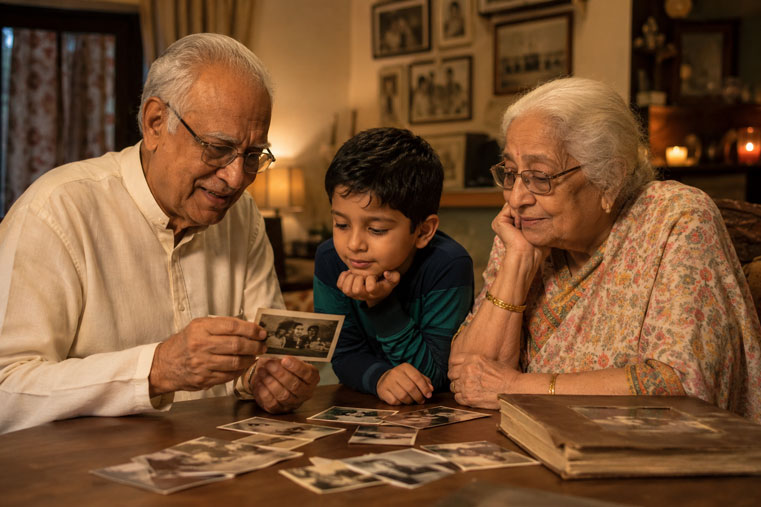 A heartfelt family moment where grandparents share old photographs and memories with their grandchild, preserving family legacy and emotional connections across generations. autobiography, legacy, memories